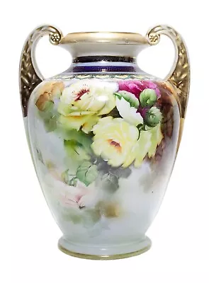 Buy Antique Japan NORITAKE Hand Painted Double Handled Roses Porcelain Vase • 45.83£