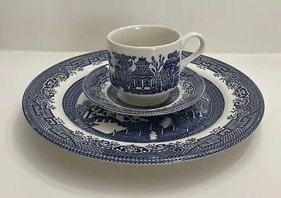 Buy Vintage Blue Willow 3 Piece Dinner Plate Set Tea Cup Saucer Churchill New In Box • 23.98£