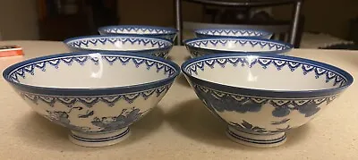 Buy Set Of 6 Antique China Blue & White Porcelain Boys Chasing Butterfly Bowls Japan • 23.07£