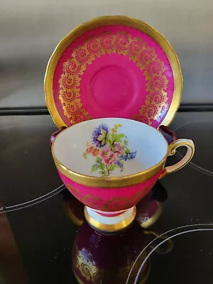 Buy Vintage Royal Tuscan Pedestal Cup & Saucer Burgundy /  Gold Trim • 24.50£