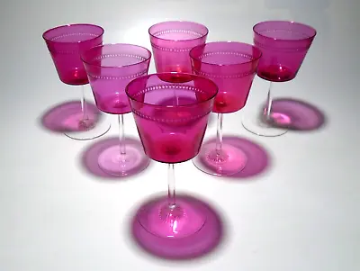 Buy 6 X Antique Cranberry Glass Wine Glasses, Etched Dotted Band, Star Cut Feet • 59.95£