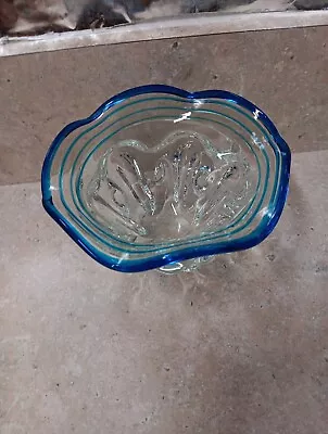 Buy Vintage Small Hand Blown Blue Glass Bowl With Wavy Top 5”x 3 “ • 5.30£
