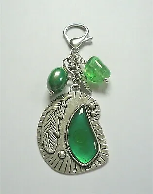 Buy Large FEATHER BAG CHARM  Green Crackle Glass And Acrylic Silver  KCJ4112 • 6.75£