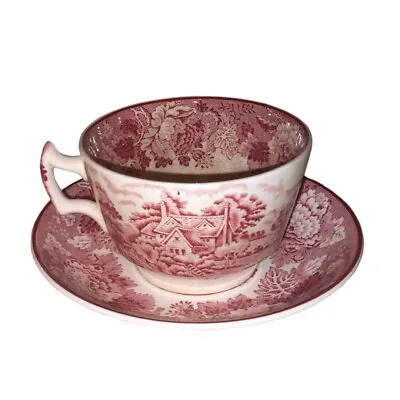 Buy Woods Ware Pink/Red Enoch Woods  English Scenery By Woods & Sons Teacup & Saucer • 23.72£