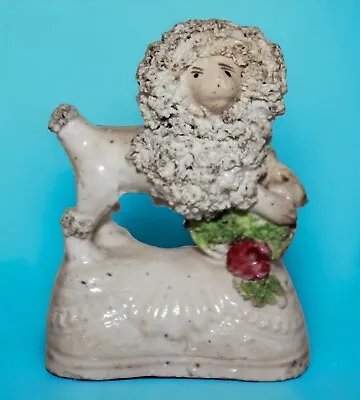 Buy Small Antique Staffordshire Pottery Poodle Dog Standing On Basket Of Flowers • 39.99£