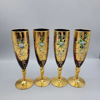 Buy Glass Of Venice Italy Murano Glass Champagne Flutes Cranberry W/24K Gold Leaf  • 271.41£
