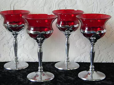 Buy (4) Rare Ruby RED Cambridge Farber Ware Cocktail Liquor 6  Stem Art Deco Chrome • 95.09£