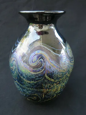 Buy Hand Blown Iridescent Studio Art Glass Blue Vase Signed By Joel Bloomberg 1981 • 118.59£