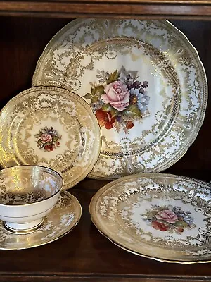 Buy Aynsley Cabbage Rose Signed J A Bailey Golden 5 Piece Place Setting 7935 & 7949 • 2,338.86£