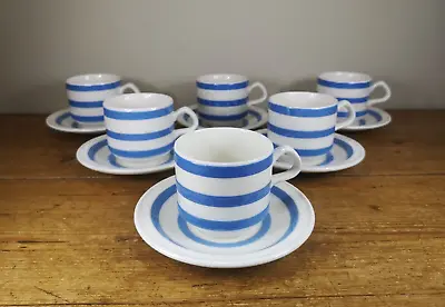 Buy 6x Carrigaline Pottery Cups & Saucers, Blue White Stripe, Cornishware Interest • 35£