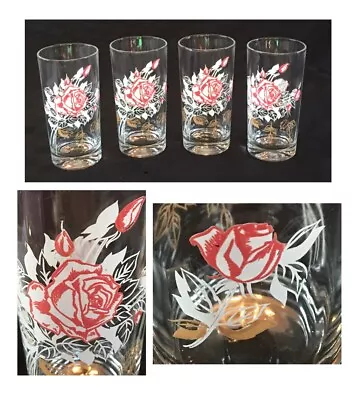 Buy VINTAGE Glass Tumblers 12 Oz. PINK WHITE ROSES 4-Piece Set (1950s) • 31.70£