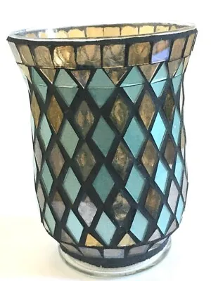 Buy Ethnic Style Mosaic  Turquoise Stained Glass Pillar Candle Holder Vase • 14£