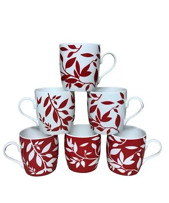 Buy 6 Red Coffee Mugs Fine Bone China White Red Leaf Mugs Ray LEAF PATTERN • 23.99£