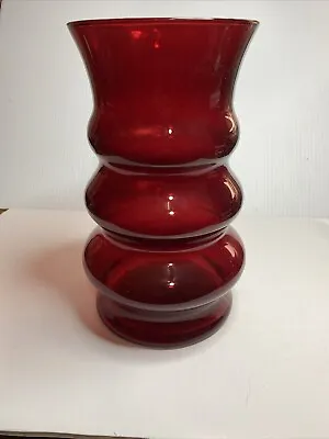 Buy Retro Large Scandinavian Original Ruby Red Glass Vase Hooped Design • 44.30£