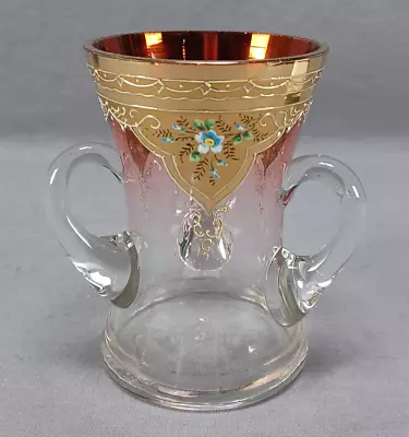 Buy Bohemian Moser Type Enameled Floral Gold Cranberry Three Handled Loving Cup Vase • 154.11£