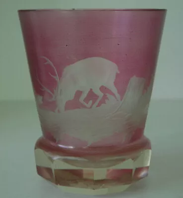 Buy Antique Bohemian Pink Glass Vase With Stag Motiff • 30£