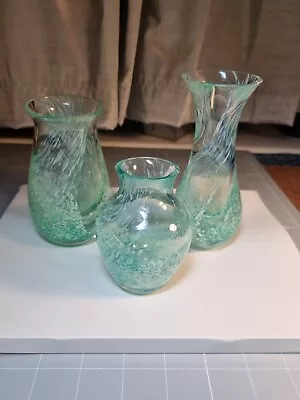 Buy Set Of 3 Vintage Caithness Green & White Swirl Pattern Small Glass Vase Set A • 13.99£