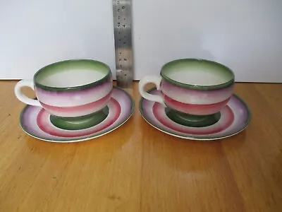 Buy 2 Royal Victoria Pottery Pink & Green Tea Coffee Cups & Saucers Wade England • 37.94£