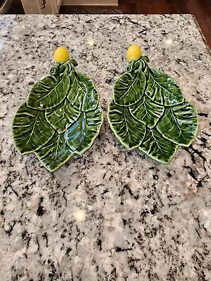Buy 2 OLFAIRE PORTUGAL POTTERY Dishes  MAJOLICA GREEN LEAVES W/lemons SERVING DISH • 38.12£