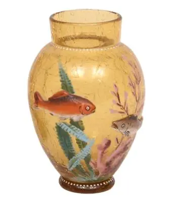 Buy Ludwig Moser Art Antique Bohemian Aquatic Fish & Weed Amber Crackle Glass Vase  • 950.89£