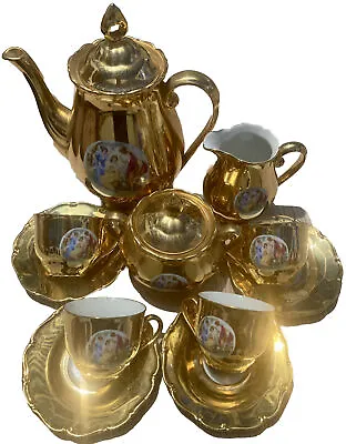 Buy Czechoslovakian Gold Tea Set With Teapot & Lid Jug Bowl & Lid, 4 Cups & Saucers • 49.35£
