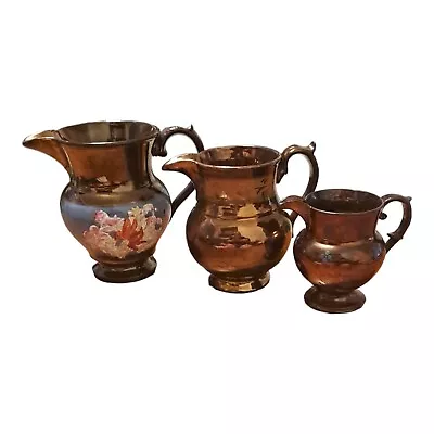 Buy Copper Lustre Ware Jugs X3 Graduating Sizes And Different Patterns Antique • 19.99£
